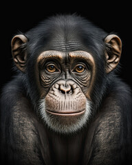 Generated photorealistic upright portrait of a chimpanzee