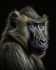 Obraz premium Generated photorealistic portrait of a baboon in profile on a black background