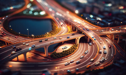 The top view of the expressway offers a stunning perspective on the bustling road traffic below, a hypnotic dance of lights and motion that captures the rhythm of the city
