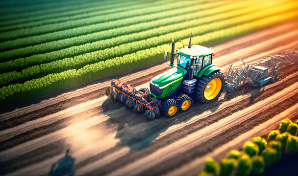 The aerial view shows a tractor moving through the cultivated agricultural field, carefully fertilizing the crops for optimal growth