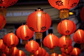 Red traditional chinese lanterns on the cafes street Melaka Malaysia