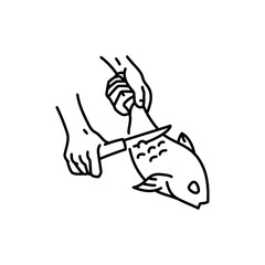 Hands clean fish color line icon. Cooking food.