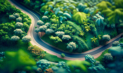 The aerial perspective reveals a narrow road snaking through the heart of a lush forest, surrounded by a canopy of trees