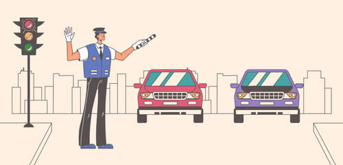 Policeman character guard standing with traffic light concept. Vector graphic design illustration element