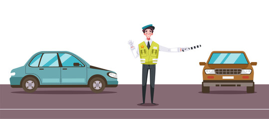 Policeman character guard standing with traffic light concept. Vector graphic design illustration element © PrettyVectors