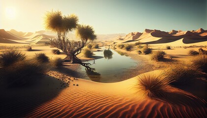 liminal lush grass oasis in the middle of an infinite desert, AI Generated - obrazy, fototapety, plakaty