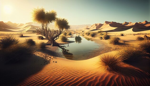 liminal lush grass oasis in the middle of an infinite desert, AI Generated
