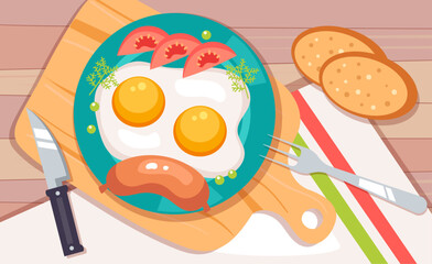 Morning breakfast scrambled egg omelette top view concept. Vector graphic design illustration