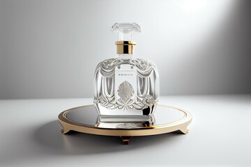 Perfume bottle in the middle of a plate stand, cinematic lighting, AI Generated