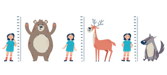 Height child measure kid high growth ruler children tall baby set concept. Vector cartoon graphic design element illustration