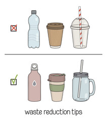 Waste reduction tips. Choice of reusable containers for drinks to go instead of disposable ones. No single-use plastic, Eco-friendly living, Zero waste lifestyle concept