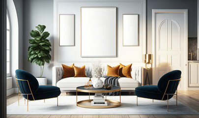 A contemporary living room is the backdrop for a mockup blank poster frame on the wall of a luxurious apartment, showcasing modern interior design