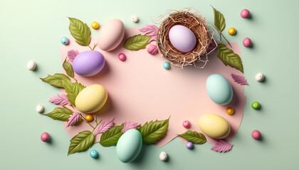 Fototapeta na wymiar Easter background template with Easter eggs - Greetings and presents for Easter Day - Copy Space - Generative AI