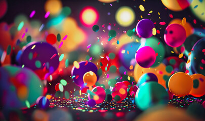 Playful bokeh lights and vibrant confetti strewn across colorful background for carnival atmosphere