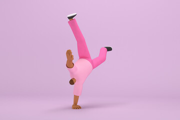 The black man with pink clothes.   He is doing exercise.  3d rendering of cartoon character in acting.