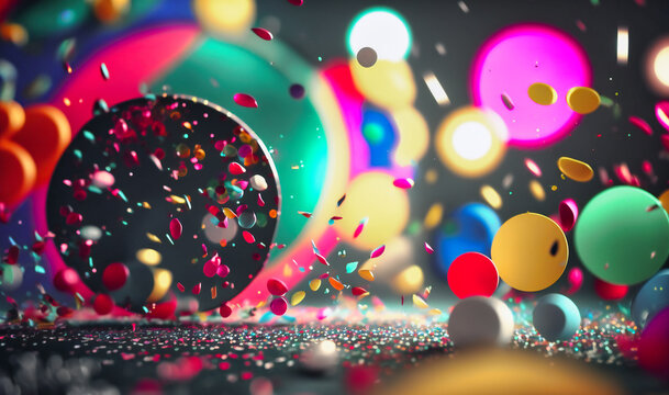 Playful bokeh lights and vibrant confetti strewn across colorful background for carnival atmosphere