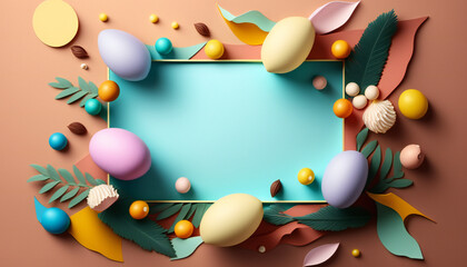 Bright Blue Easter background template with Easter eggs - Greetings and presents for Easter Day - Copy Space - Generative AI