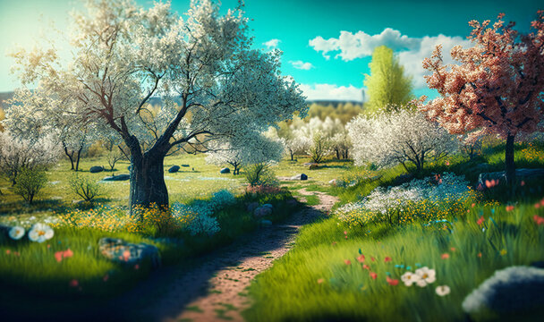 Serene spring landscape with a sunlit glade, blossoming trees, and blue sky in soft focus