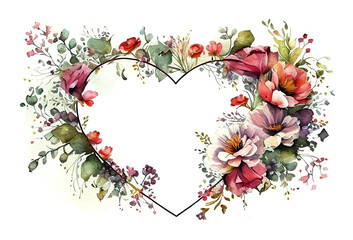 The shape of a heart drawn with a multitude of leaves and colorful flowers on a white background.  Valentine's Day Wedding invitation watercolor. Generative Ai