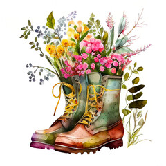 Watercolor botanical illustration of gardening boots with floral arrangement. Vintage flowers boots with spring flowers and leaves