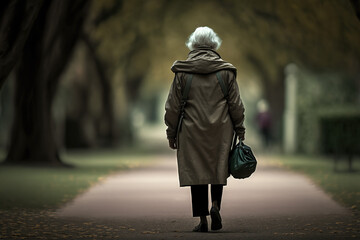 Alone grandmother on her back walking through the park. ia generate