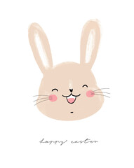 Cute Happy Rabbit. Hand Drawn Easter Vector Illustration with Funny Bunny and Handwritten Wishes isolated on a White Background. Easter Holidays Print with Lovely Rabbit ideal for Card, Greeting.