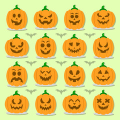 Set scary pumpkins, flat style vector spooky creepy pumpkins.