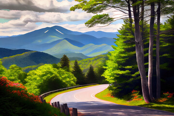 Most Beautiful place in Blue Ridge Parkway, North Carolina and Virginia, realistic. Generative Ai