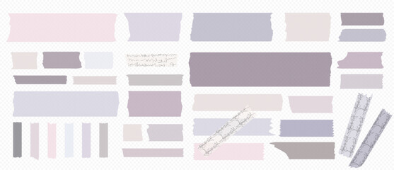 Washi tapes. Semi-transparent pieces of ribbons. Blue, purple, lavender colors of pieces of washi tape with torn edges. Set of adhesive scrapbooking ribbons isolated on a transparent background.