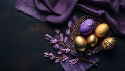 Naklejka premium Dark Blue, Easter background template with Easter eggs - Greetings and presents for Easter Day - Copy Space - Generative AI