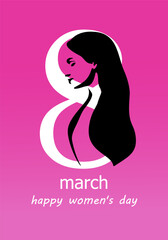 The holiday is March 8. Postcard from March 8. Women's day pink background with woman silhouette. Happy women's day