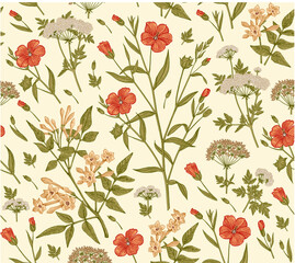 Seamless pattern Linum Flax Jasmine Hemlock tree wildflowers. Beautiful fabric blooming realistic isolated flowers Vintage background Wallpaper baroque. Drawing engraving Vector victorian illustration