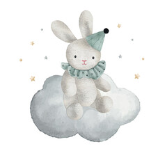 Cute bunny on the cloud with little stars, watercolor vector illustration.