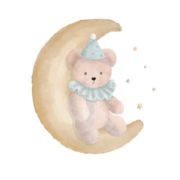 Cute Teddy Bear on the moon with little stars, watercolor vector illustration.