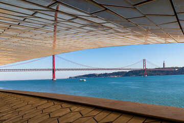 View to the 25th of april bridge from the Maat Museum of Art, Lisbon, Portugal
