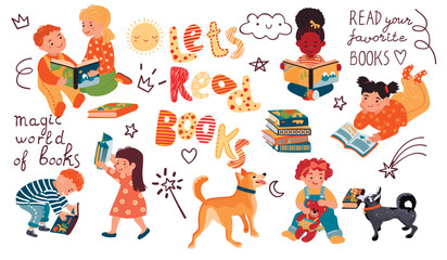 Collectionof kids book readers. Happy girls and boys, hand written quotes,lettering,dogs,sun and doodle elements.Vector clip art set  on white.Education generation by reading concept.Flat illustration