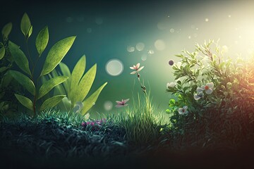 Obraz na płótnie Canvas Spring nature with grass, flowers and bokeh. Generative Ai