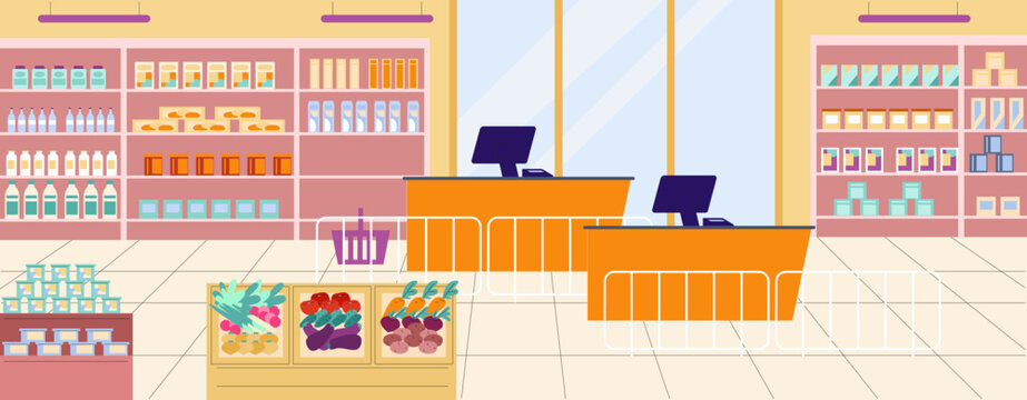 Supermarket interior with food shelves, vegetables, fruits and cashier zone. Modern empty food store vector image, flat market location design