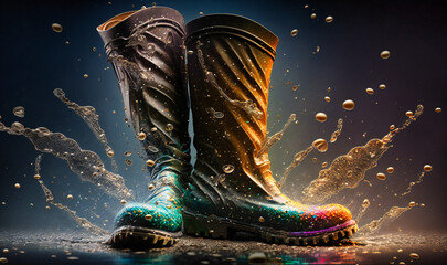 A pair of rain boots splashing in a puddle after a spring shower