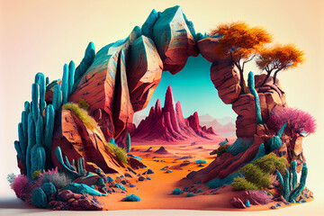 Beautiful fantasy landscape with rocky outcropping and distant mountains, generative ai
