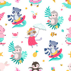 Animals summer seamless pattern. Children animal seasonal background. Decorative baby cloth print with cute raccoon surfer and sloth, nowaday vector template