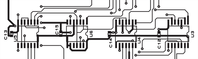 Microcircuits on a printed circuit board.
Assembly drawing. Placement of electronic components,
conductors and adapter holes on the pcb.