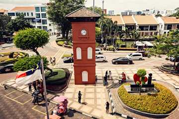 Dutch Square clock tower aerial view in Melaka historical town Malaysia - obrazy, fototapety, plakaty
