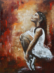 Young ballerina in a ballet dress and pointe shoes is sitting on her toes. Modern colorful oil painting.