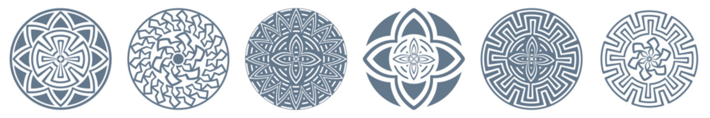 A set of six round mandalas. Ethnic patterns as a design element. Template for tattoo, henna design 