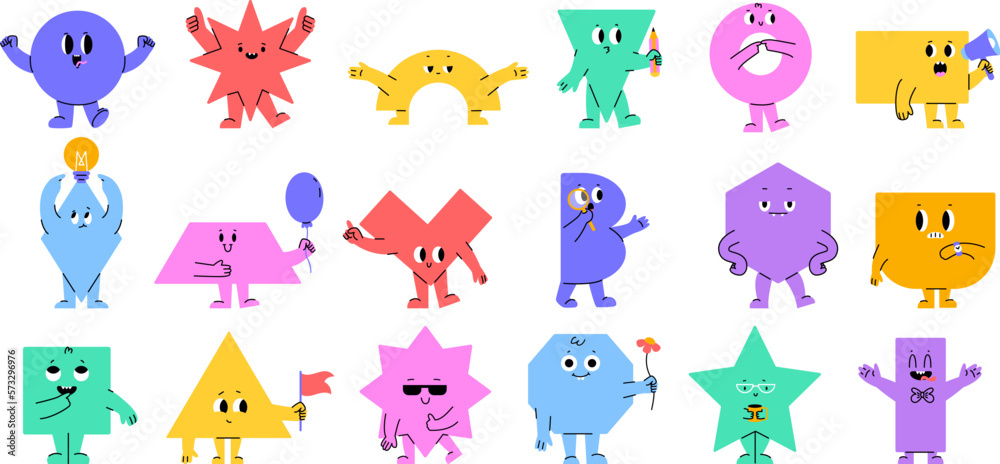 Sticker Kids geometric characters with eyes. Basic style figure, square triangle, polygonal and circle. Funny character thinking, preschool education snugly vector graphic