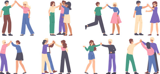 High five friend. Greet coworkers or friends, young cartoon teens clapping hands. Cheering and greetings, give five on meeting, snugly happy vector characters