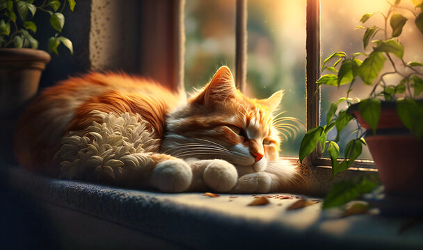 A lazy cat lounging on a windowsill with a view of a garden