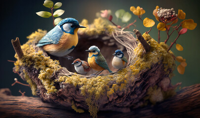 A family of birds building a nest in a tree - obrazy, fototapety, plakaty