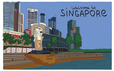 Singapore city skyline at Marina Bay, Merlion one of landmark Singapore, vector design